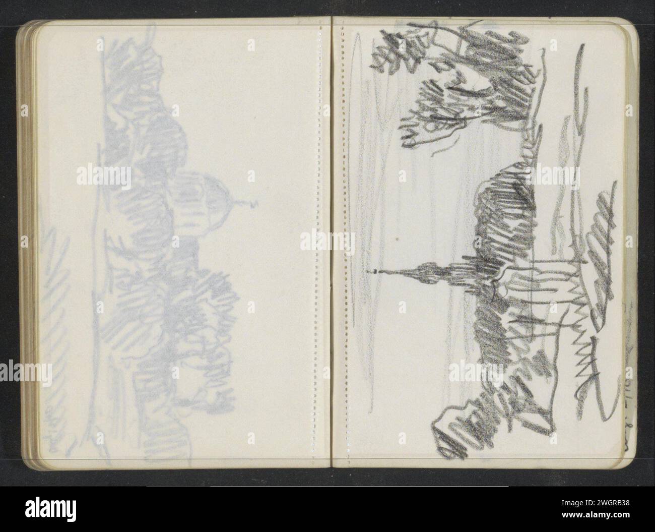 Landschaft mit Kirchturm, ca. 1909 - ca. 1910 Seite 65 Recto aus einem Skizzenbuch mit 91 Blättern. Papier. Blick auf die Stadt mit Bleistift und Landschaft mit künstlichen Bauten. Teile der Kirche außen und Nebengebäude: turm Stockfoto