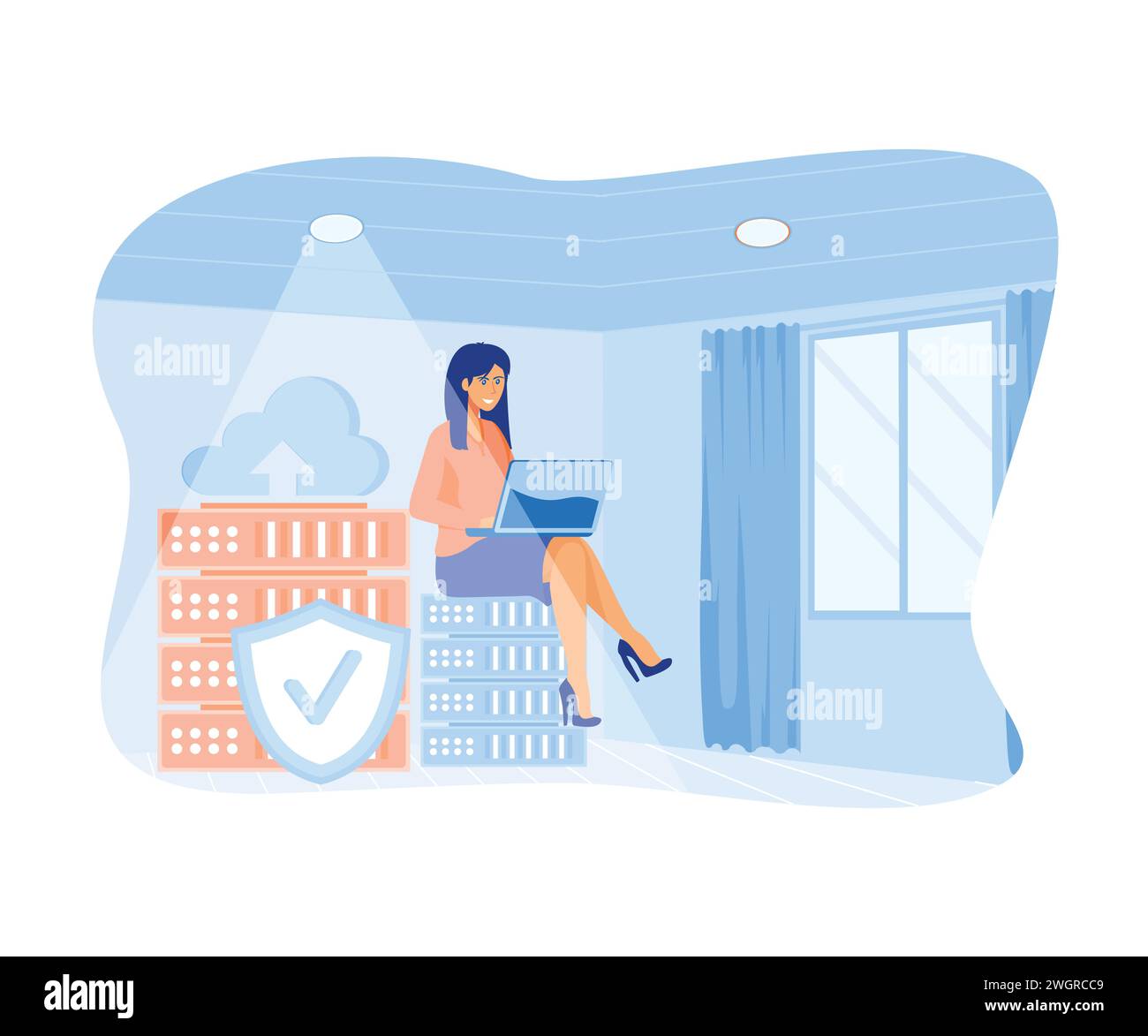 Frau, die Cloud-Computing-Konzept betreibt, Rechenzentrum. Moderne Illustration des flachen Vektors Stock Vektor