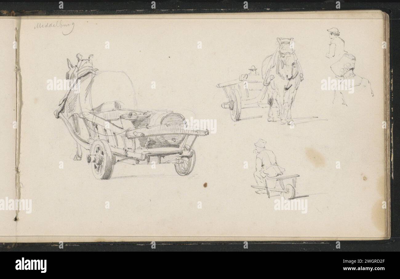 Arbeitsblatt mit Wagen und Figuren in Middelburg, Cornelis Springer, ca. 1856 - ca. 1861 Arbeitsblatt mit Hand- und Pferdewagen und Figuren in Middelburg. Seite 4 aus einem Skizzenbuch mit 44 Blättern aus Zeeland und Utrecht. Middelburger Papier. Bleistift-Handwagen. (Farm) Wagen, Güterwagen, Wagen. Pferd. Erwachsener Mann. Erwachsene Frau Middelburg Stockfoto