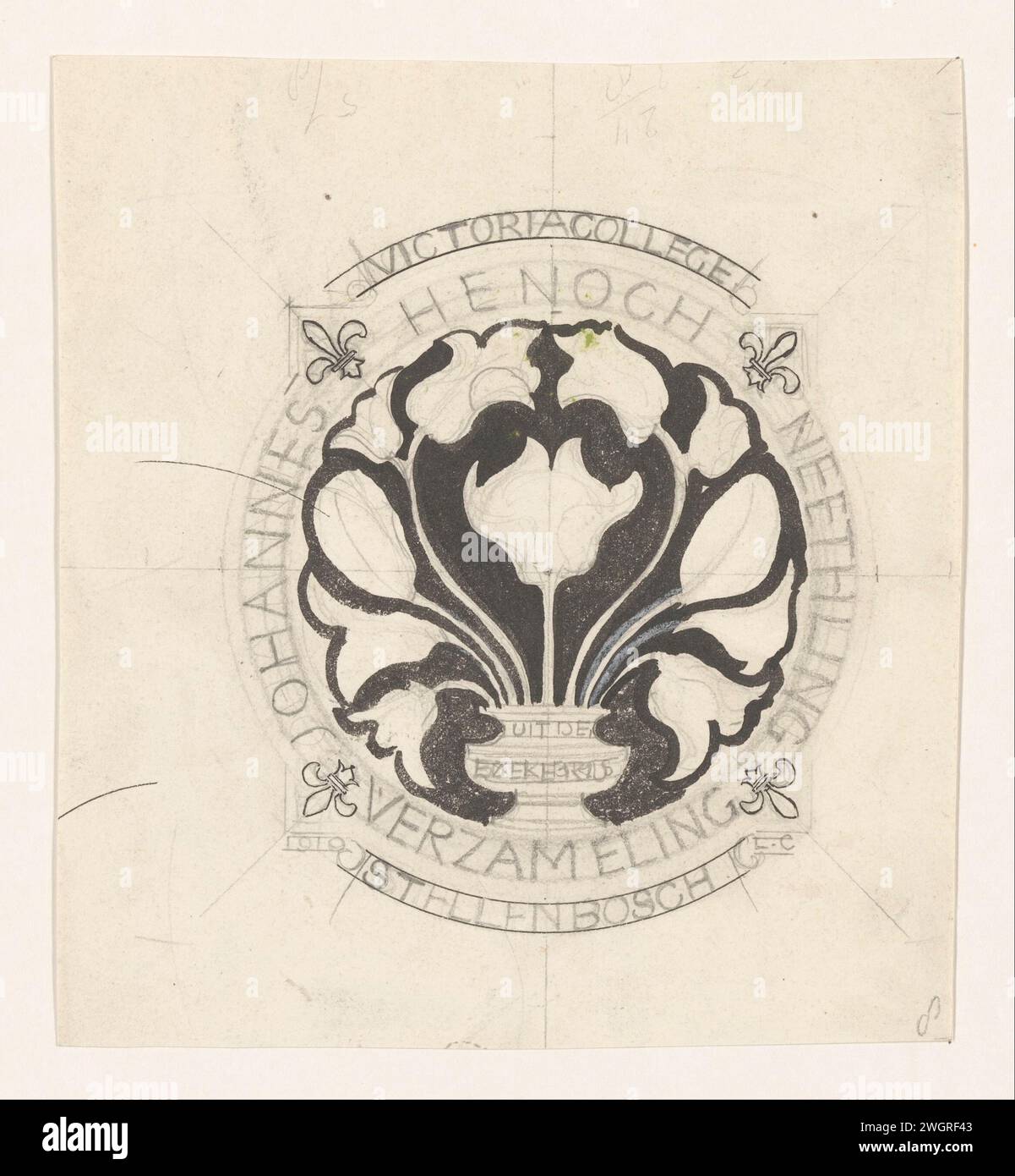 Entwurf für ein Ex libris von Johannes Henoch Neethling, Carel Adolph Lion Cachet, 1874–1945 Zeichenpapier. Bleistiftrolle, Ex-Libris. Blumen  Ornament Stockfoto