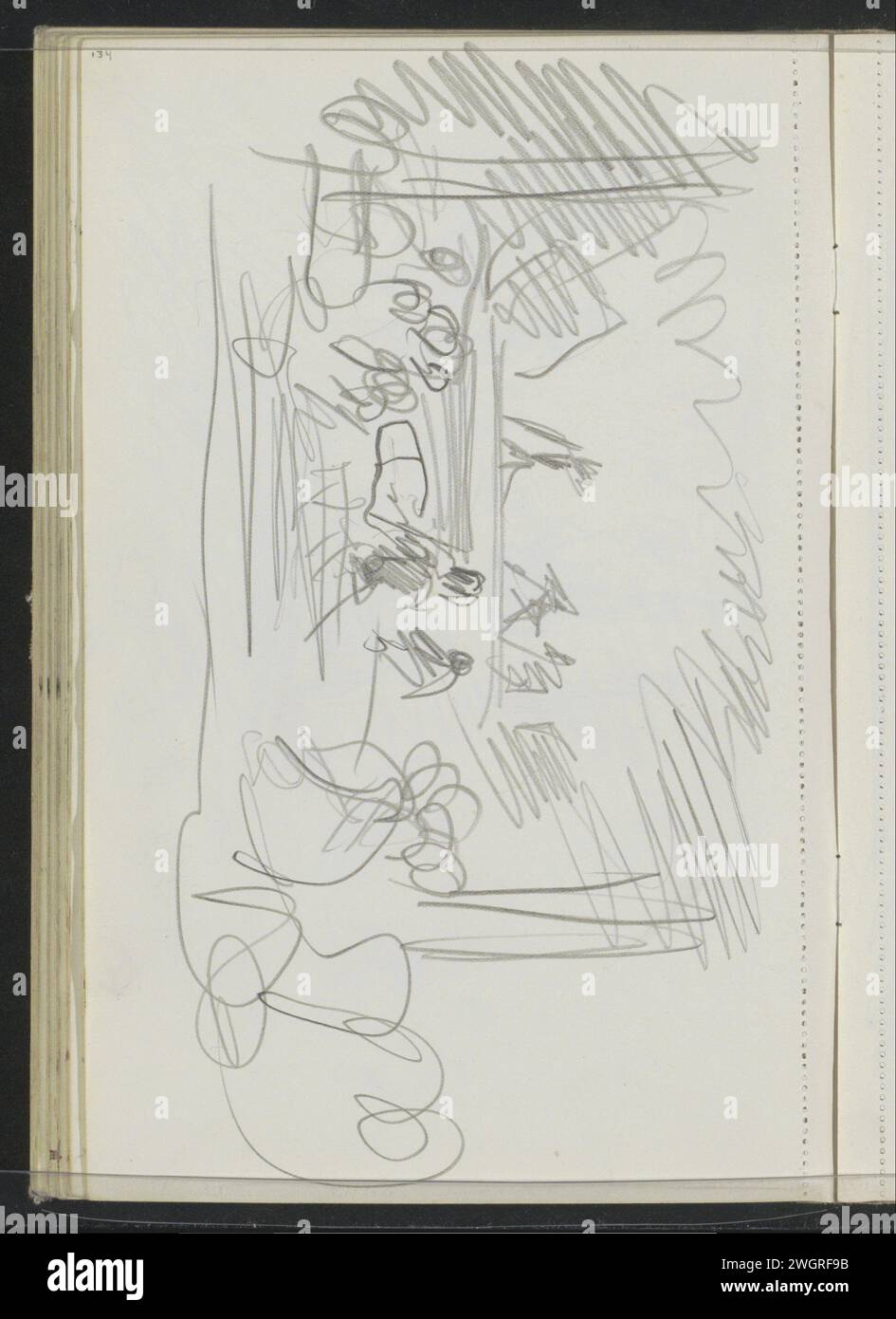 Show mit sitzendem Publikum, 1925 möglicherweise eine Wayang-Vorstellung. Seite 134 aus einem Skizzenbuch mit 74 Blättern. Indonesien Papier. Leistung des Bleistifts. Das Publikum  Kunstdarbietung Stockfoto