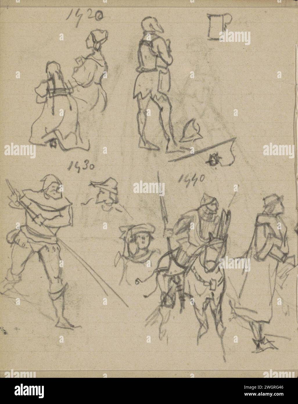 Figuren in Kostümen von 1420 bis 1440, 1885 hauptsächlich Studien über Ritter mit Schwertern, darunter Ritter auf Pferden, und zwei weibliche Figuren, die lange Kleider und Hauptmützen tragen. Seite 6 aus einem Skizzenbuch mit 6 Blättern. . Historisches Kostüm. ritter. Hacker- und Schubwaffen: Schwert. Kopfbedeckung: Kappe (+ Damenbekleidung) Stockfoto
