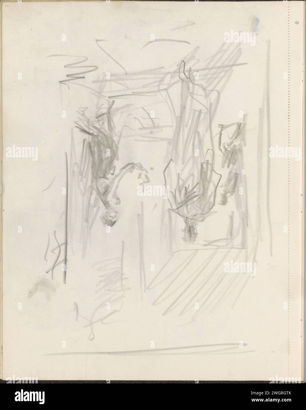 Figuren in einem Inneren, 1931 wahrscheinlich ein Mönch in einem Tempel. Seite 60 aus einem Skizzenbuch mit 48 Blättern. Papier. Religiöse Funktionäre mit Bleistift  Hinduismus, Buddhismus, Jainismus. Innenraum  Darstellung eines Gebäudes Stockfoto