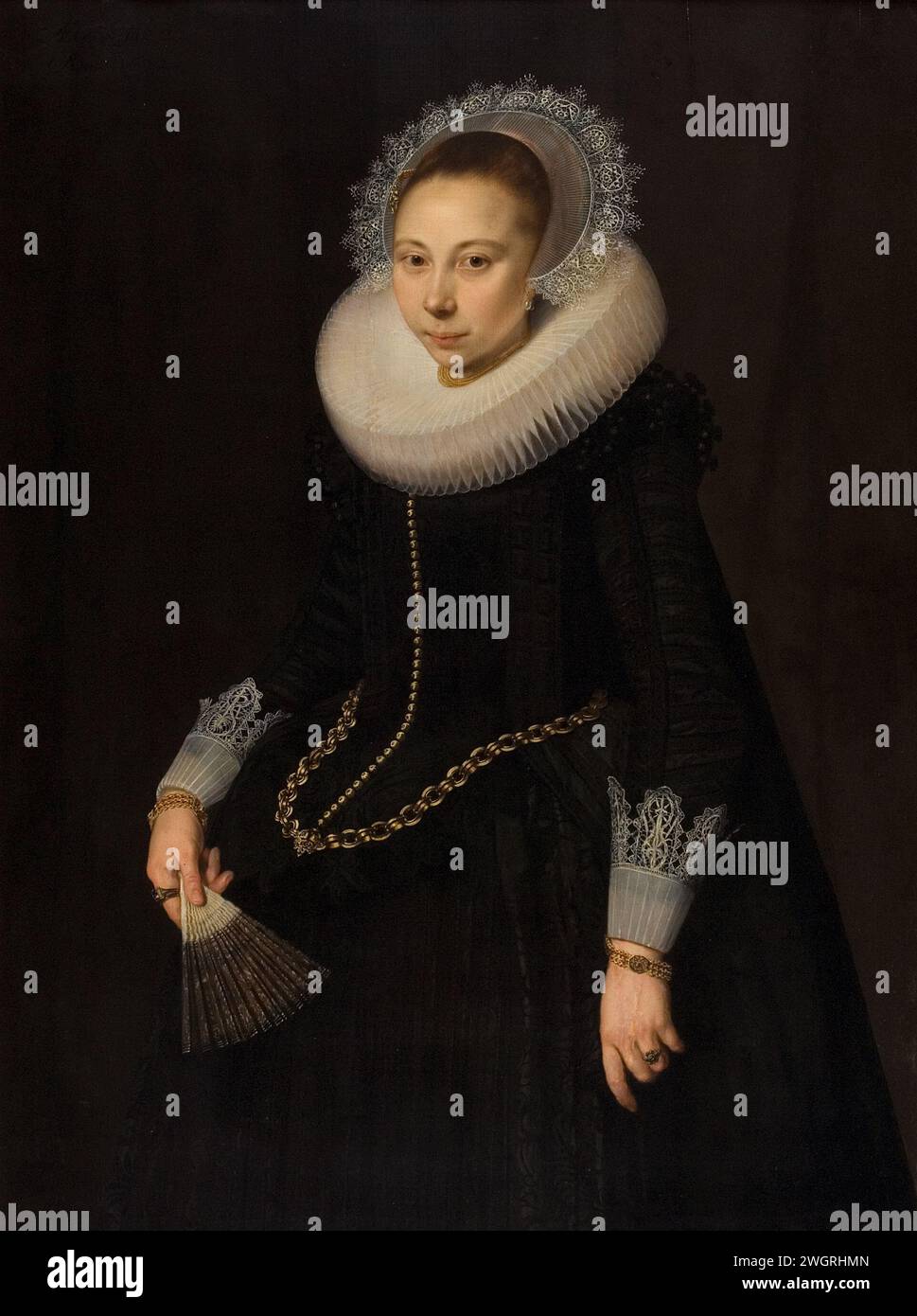 Porträt von Maria Overrijn van Schoterbosch (1599/1600-38), Cornelis van der Voort, 1622 Gemälde Porträt von Maria Overrijn van Schoterbosch (1599/1600-38), Ehefrau von Dirck Corver. Kniestück, links stehend, ein Bereich in der rechten Hand. Anhänger von SK-A-4764. Bereich. Ölfarbe (Farbe) historische Personen - BB - Frau Stockfoto