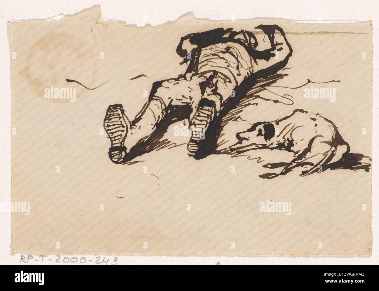 Lügender Mann mit Hund, Johannes Taventrate, 1869 zeichnend lügender Mann mit Hund, gezeichnet auf der Rückseite eines an Tavenrate adressierten Umschlags mit Stempel 16. September 69. Papier. Tintenstift Hund. Auf dem Rücken liegend mit den Händen unter dem Kopf Stockfoto