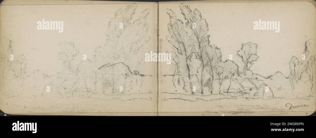 Landschaft mit Häusern in Deurne, 1896 - 1897 Seite 6 Verso und 7 Recto aus einem Skizzenbuch mit 44 Blättern. Türpapier. Kreidetür zum Dorf Stockfoto