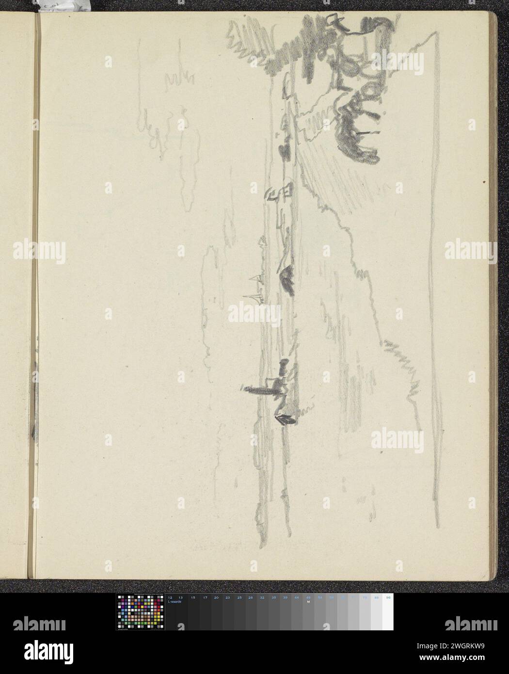Landschaft mit Wasser, 1890 - 1946 Segelboote segeln auf dem Wasser. Seite 22 Recto aus einem Skizzenbuch mit 76 Blättern. Papier. Bleistiftlandschaften mit Wasser, Wasserlandschaften, Meereslandschaften (in der gemäßigten Zone) Stockfoto