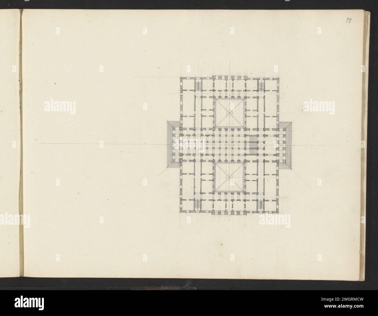 Karte eines Gebäudes, 1825 - 1907 Seite 13 aus einem Skizzenbuch mit 28 Seiten. Papier. Tinte. Bleistiftplan  Architektur Stockfoto