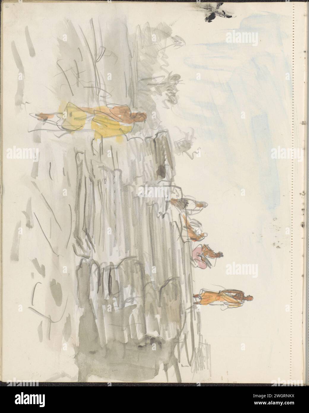 Figuren, darunter zwei buddhistische Mönche, auf einer Treppe, 1931 wahrscheinlich eine Treppe am Angkor Wat Tempel in Kambodscha. Seite 66 aus einem Skizzenbuch mit 48 Blättern. Cambodja (möglicherweise) Papier. Aquarell (Farbe). Der Steppwinkel der Bleistiftpinsel. Sitzende Figur. Hockende, hockende Figur. Religiöse Funktionäre  Hinduismus, Buddhismus, Jainismus Angkor was Stockfoto