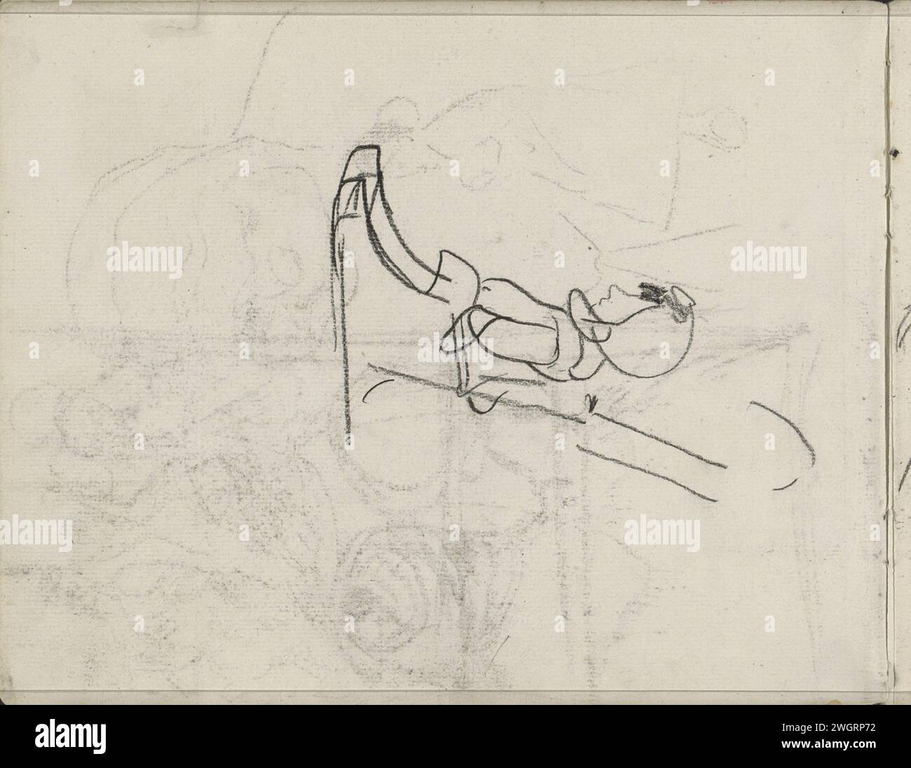 Sitzendes Kind auf einem Schlitten, 1896 Seite 1 Verso aus einem Skizzenbuch mit 44 Blättern. Papier. Kreidekind. Schlitten, Schlitten (Wintersport) Stockfoto