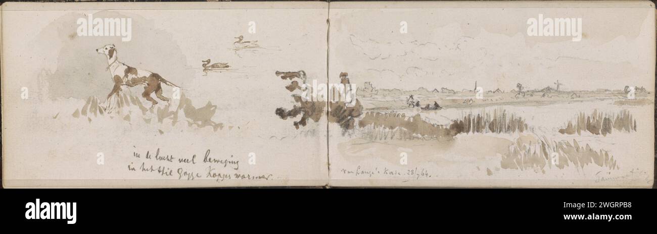 Enten, ein Hund im Gras und der lange Kai auf der Kralingse Plas, 1864 Blatt 3 Verso und 4 Recto aus einem Skizzenbuch mit 98 Blättern. Kralten Papier. Tinte. Mit Bleistiftstiften bestückte Landschaften mit Wasser, Wasserlandschaften, Meereslandschaften (in der gemäßigten Zone). Wasservögel: Ente. Hund Kralten Stockfoto