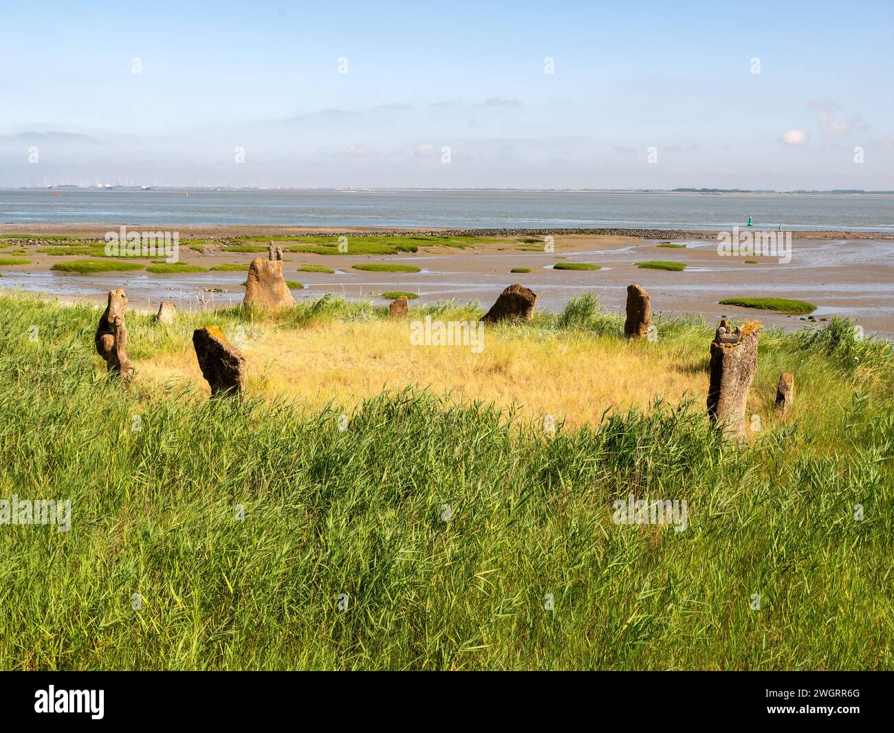 Steinkreis am Deich Westerschelde in Terneuzen, Zeeuws-Vlaanderen, Zeeland, Niederlande Stockfoto