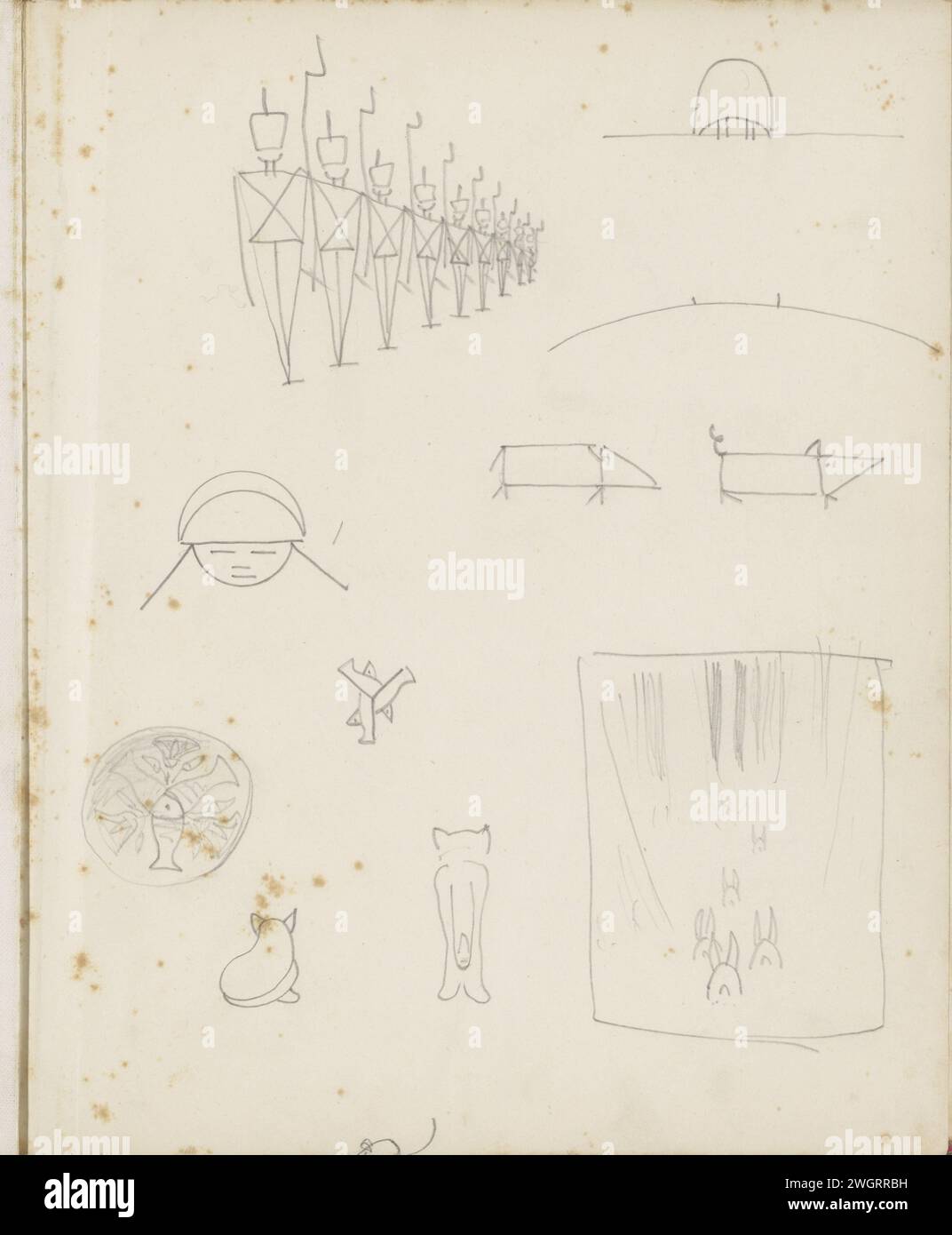 Studieblad, in oder vor 1983 Zeichenblatt, einschließlich mit Soldaten und Tieren. Blad ist Teil eines Albums mit eingefügten Zeichnungen. Papier. Bleistift für den Soldaten, das Leben des Soldaten. Tiere Stockfoto