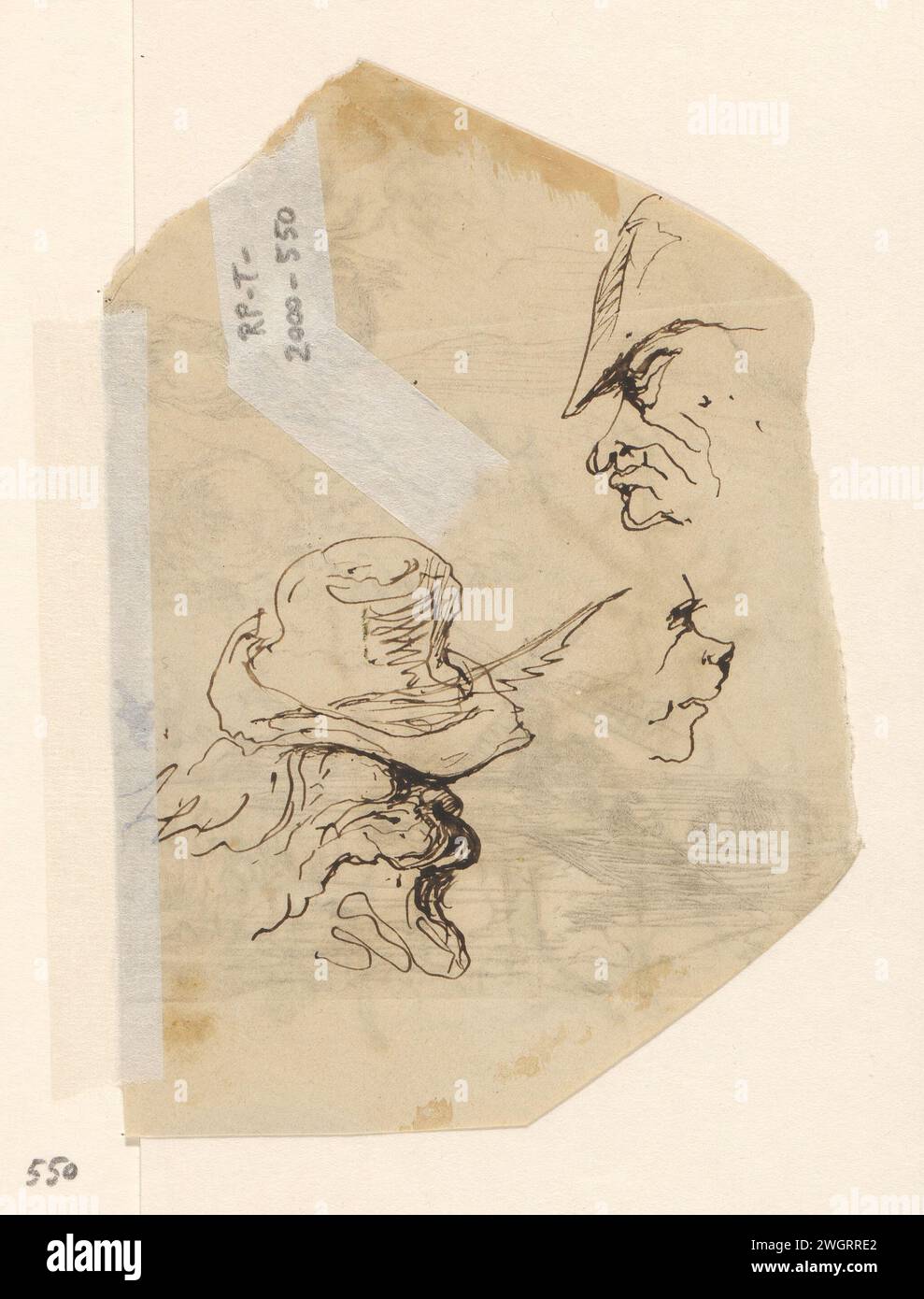 Koppen, Johannes Taventrate, 1840 - 1880 Zeichnungsköpfe. Signiert auf der Rückseite eines Teils eines Umschlags. Papier. Tintenstift Karikaturen (menschliche Typen) Stockfoto