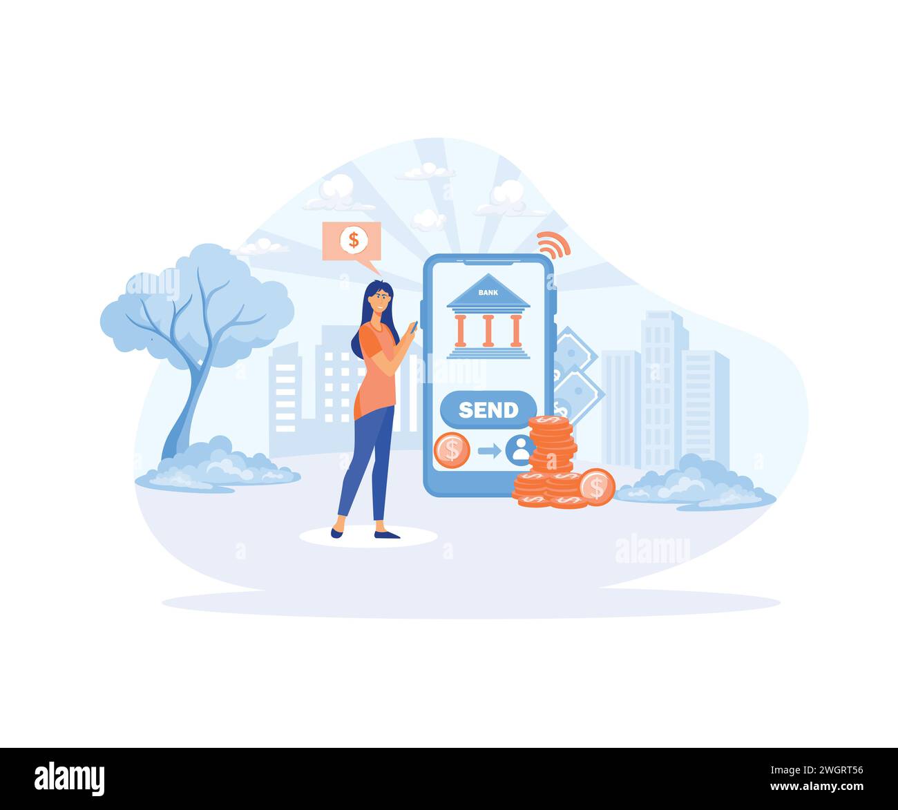 Frau zahlt für Einkäufe oder sendet Geld über die Smartphone-App. Moderne Illustration des flachen Vektors Stock Vektor