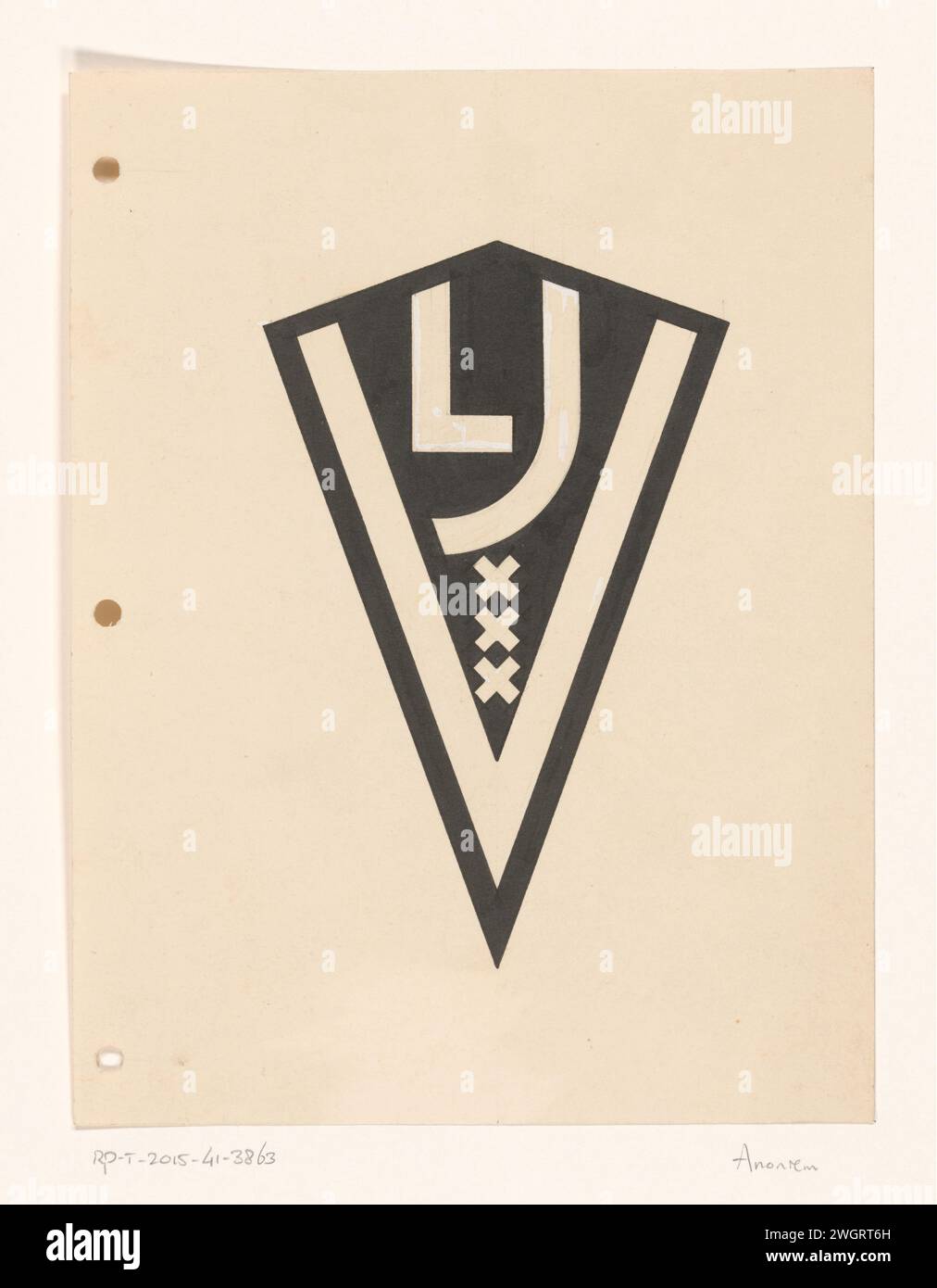 Vignette des Verlags L.J. Veen, Anonym, in oder vor 1887 - 1970 Zeichnung der Buchstaben L und J mit den drei Andreas-Kreuzen aus dem Wapen van Amsterdam, gefangen in dem Buchstaben V. Papier. Tinte für Indien (Tinte). Bleistift. Lackstift / Pinsel für das Mähdeck Stockfoto