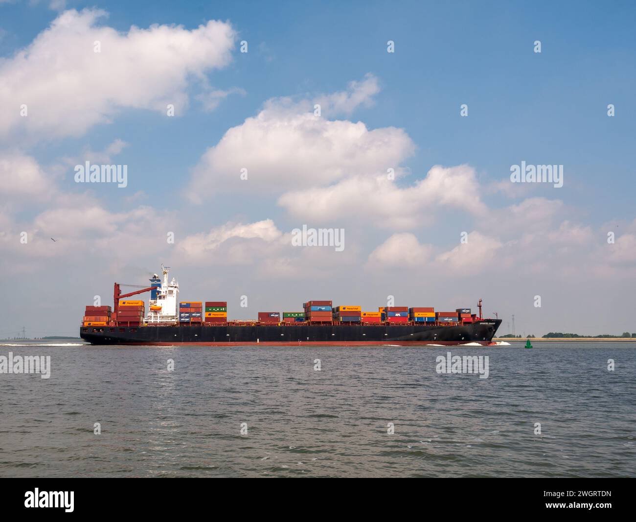 Containerschiff Spartel Trader auf Westerschelde in den Niederlanden auf dem Weg zum Hafen von Antwerpen, Belgien Stockfoto