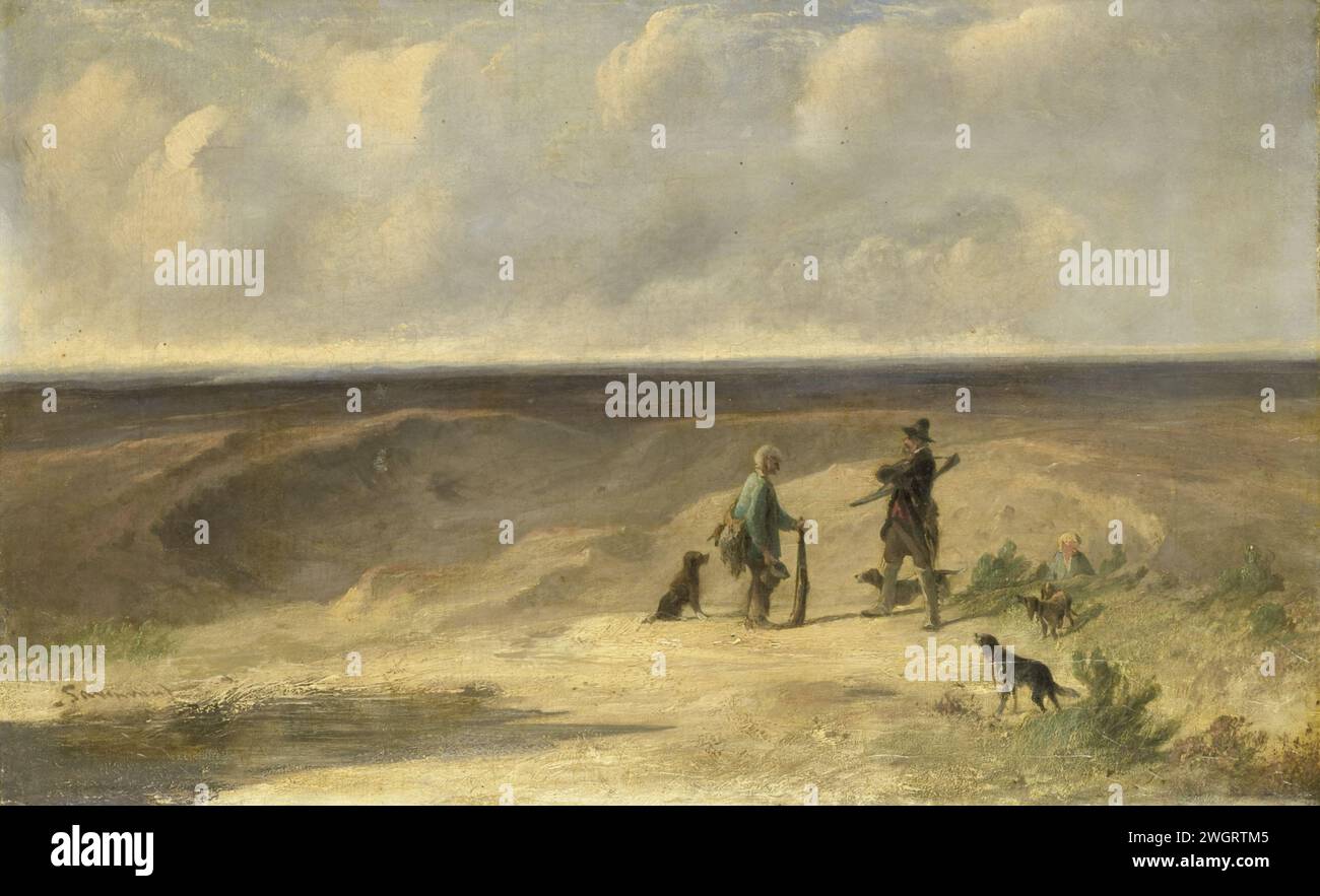 Tavenraat fing einen Poacher, Johannes Tavenraat, 1830–1860 Gemälde in einer Heidelandschaft, Johannes Taventrate fing zwei Wilderer. Der Künstler ist übereinander mit seinen Armen und gekleidet wie ein Jäger, gegenüber einem Siruper und ein paar Hunden. Leinwand. Ölfarbe (Farbe) Wilderer. Landschaften in der gemäßigten Zone Stockfoto
