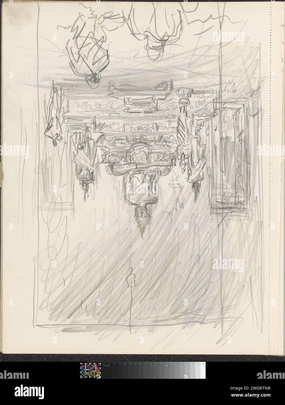 Figuren in einem Altar mit einer Buddha-Statue, 1931 Seite 82 aus einem Skizzenbuch mit 48 Blättern. Papier. Bleistiftstatuen, Gemälde usw.  Gegenstände der Anbetung (Hinduismus, Buddhismus, Jainismus). Altar  Hinduismus, Buddhismus, Jainismus Stockfoto