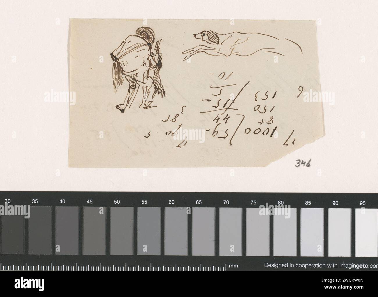 Mann und Jagdhund Johannes Taventrate, 1840 - 1880 Doodles eines Mannes und Jagdhunds zeichnen, mit Berechnungen. Papier. Tintenstift Jagdhunde Stockfoto