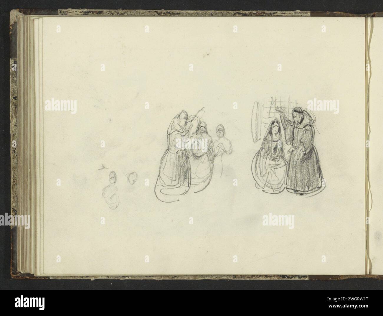 Mönche und Frauen, 1819 - 1849 die Mönche halten eine Hand in der Luft und stehen mit einer oder mehreren Frauen. Seite 40 rückseitig aus einem Skizzenbuch mit 58 Blättern. Papier. Bleistiftmönch(e), Mönch(e). Stehende Figur - AA - weibliche menschliche Figur Stockfoto