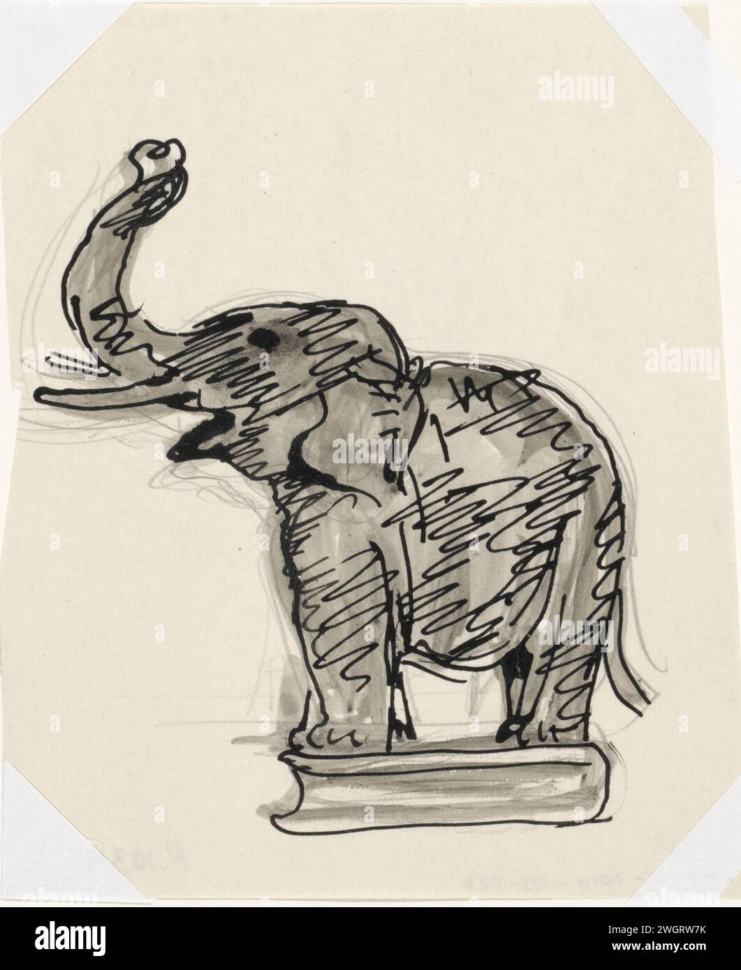 Elefant auf Buch (Skizze), Leo Gestel, um 1935 - vor 1936 Zeichnung Elefant mit erhobenem Stamm auf Buch stehend. Grau gefüllt mit schwarzen skizzenhaften Streifen darüber. Papier. Bleistift. Indien Tusche (Tinte) Stift / Pinsel Stamm Tiere: Elefant. Buch Stockfoto