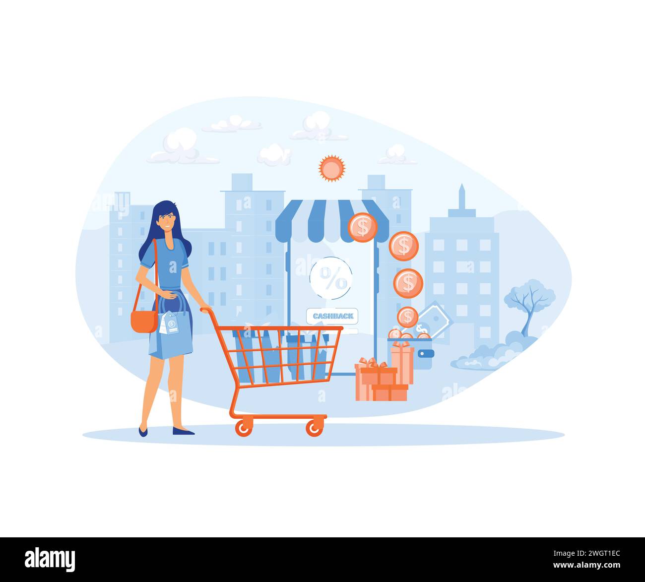 Online-Cash-Back-Service für Einkäufe mit mobilen Bildschirmen. Geld sparen im Internet. Bonusprogramm. Moderne Illustration des flachen Vektors Stock Vektor