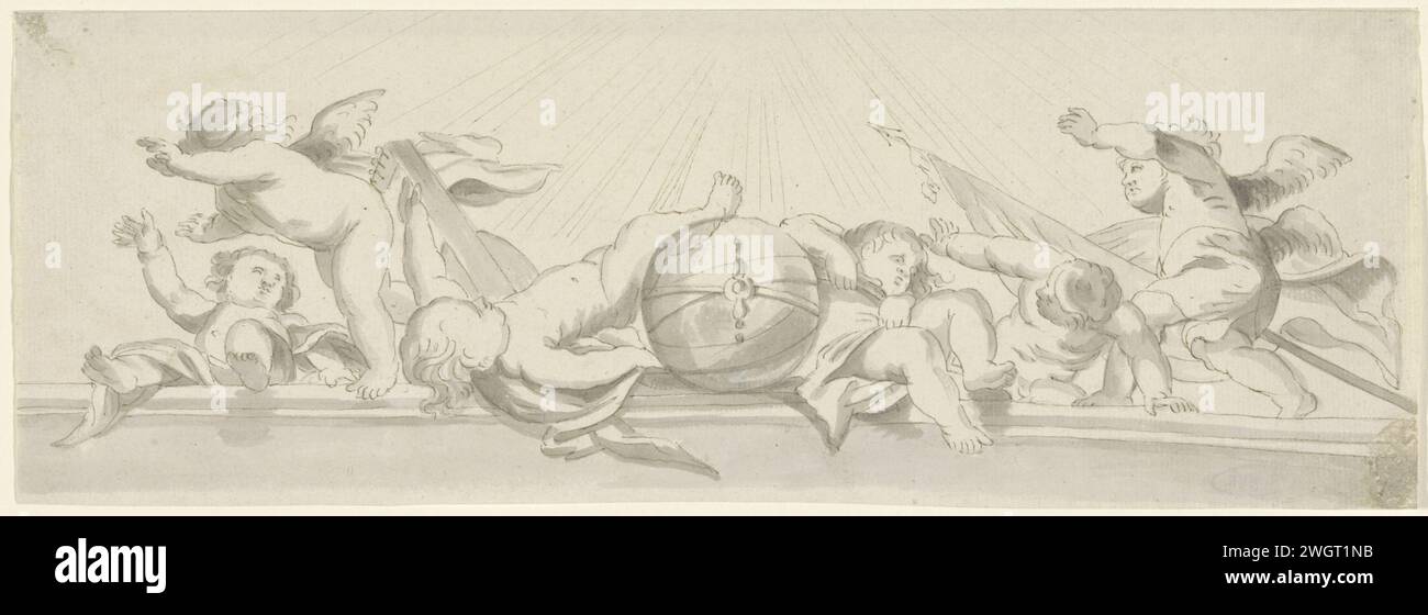 Putti traf Globe, anonym, nach Cornelis Schut (I), in oder nach 1607–1800 und zeichnete sechs Putti mit einer Laute, einem Globus und einer Flagge. Lichtstrahlen oben. Papier. Tintenstift/Pinsel Cupids: „Amores“, „Amoretti“, „Putti“. Globus Stockfoto