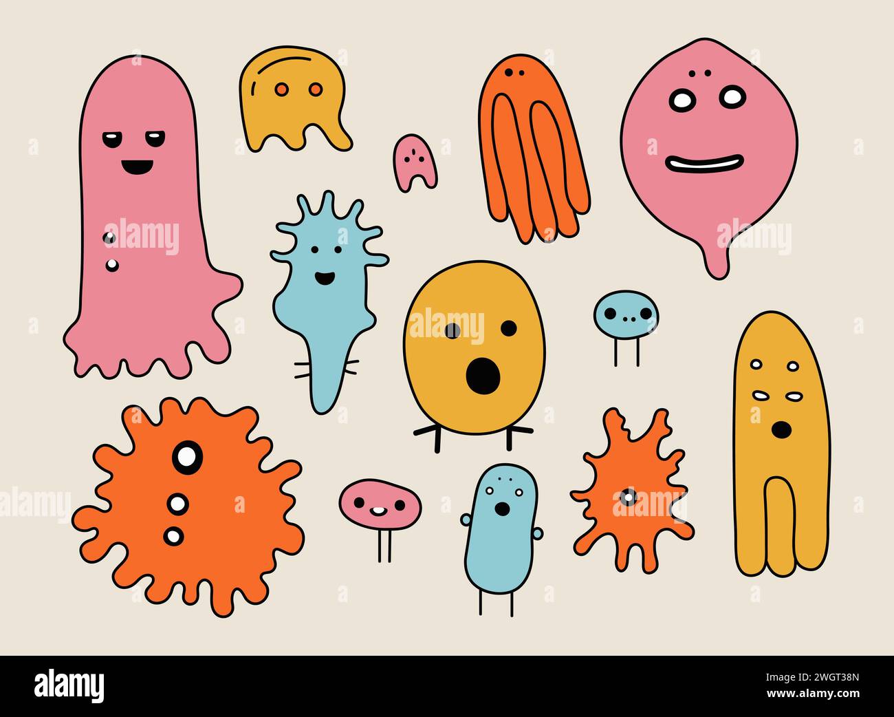 Set von niedlichen bunten Keimen im flachen Cartoon-Stil isoliert auf beigefarbenem Hintergrund. Einfache handgezeichnete Bakterien, kindliche Doodles-Sammlung Stock Vektor