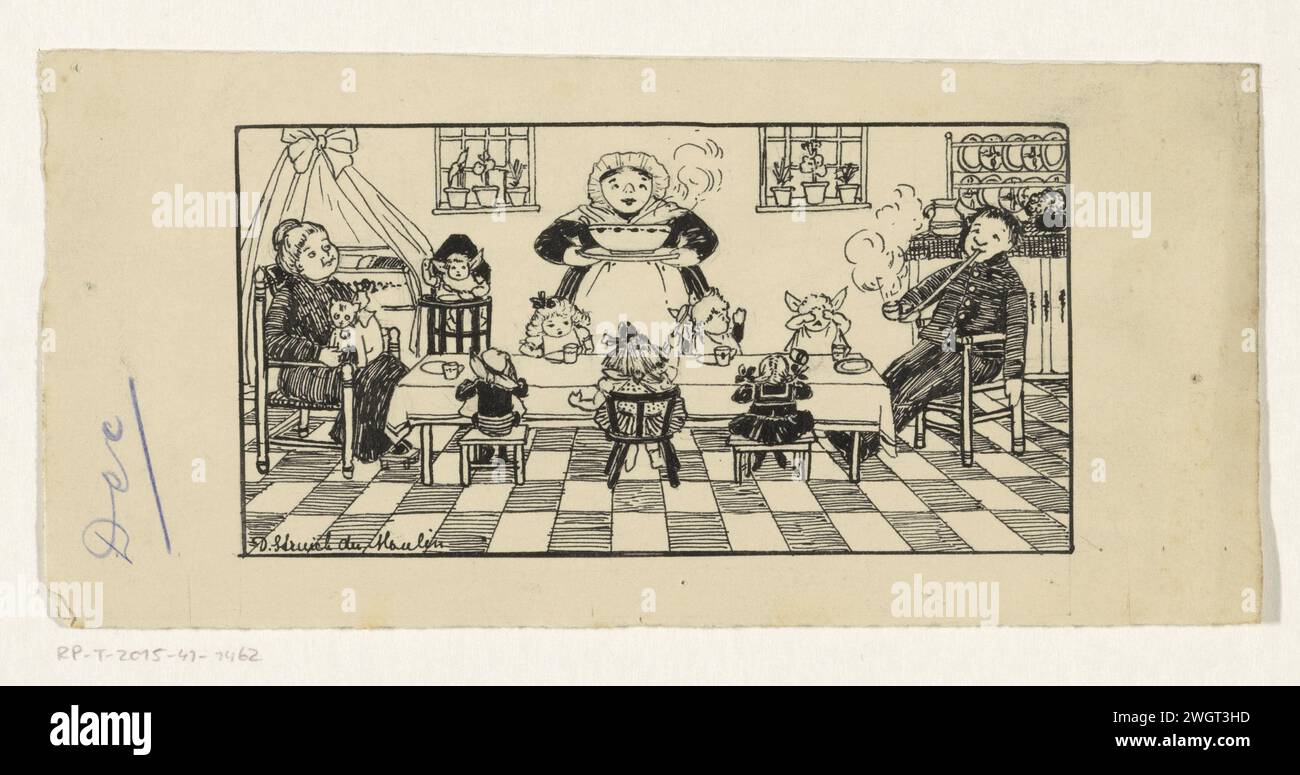 Familie bei einer Mahlzeit, Dora Struick du Moulin, 1896 - 1937 Zeichnen an einem langen Tisch eine Familie ist bereit für Mahlzeiten. Eine Frau, die eine Schürze vor ihrem Kleid trägt, steht mit einer Dampfschale am Tisch. Die Kinder sitzen auf Stühlen oder in einem Hochstuhl, ein Mann raucht Pfeife und eine Frau sitzt mit einer Katze auf ihrem Schoß. Papier. Tinte für Indien (Tinte). Bleistiftstift (Familie) Mahlzeit. Pfeife  Tabak Stockfoto