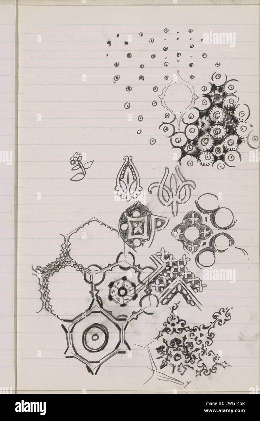 Ornamente mit Blumen-, Pflanzen- und Kreismotiven, ca. 1901 Seite 69 Recto aus einem Skizzenbuch mit 79 Blättern. Kreideverzierung aus Pflanzenformen Stockfoto