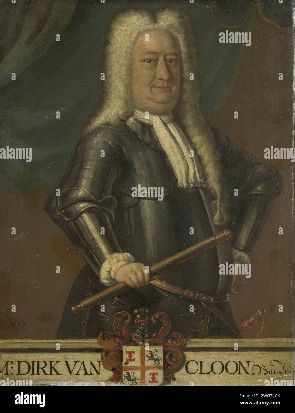 Porträt von Dirk van Cloon, Generalgouverneur von Niederländisch-Indien, Hendrik van den Bosch (frei nach), 1750–1799 Gemälde Porträt von Dirk van Cloon (1688–1735). Generalgouverneur (1730-35). Stehend, auf halbem Weg rechts, in Rüstung. Commandostaf in der rechten Hand, die linke in der Seite. Teil einer Serie von Kopien von Porträts der Generalgouverneure der ehemaligen Niederländisch-Indien-Inseln, wahrscheinlich von der United Oost India Company. Kostenlose Kopie an SK-A-3776. Kupfer (Metall). Ölfarbe (Lack) Stockfoto