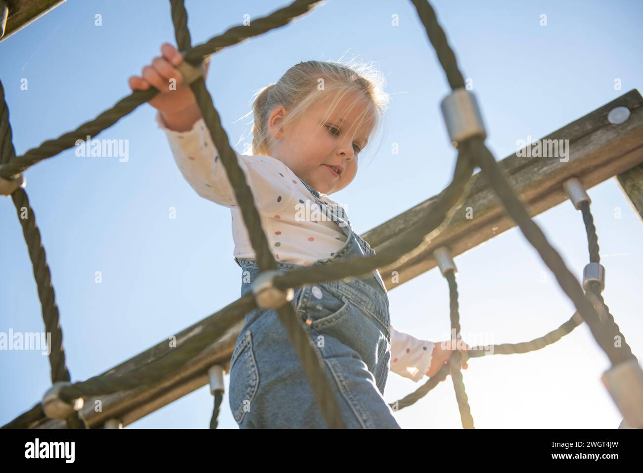 Ein kleines Mädchen, das mutig durch einen Abenteuerspielplatz im öffentlichen Park klettert Stockfoto