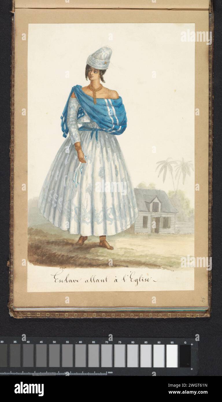 Als Sklave, auf dem Weg zur Kirche, Jacob Marius Adriaan Martini van Geffen, in oder nach ca. 1850 – in oder vor ca. 1860, zeichnete Suriname-Papier. Tinte. Bleistift. Aquarellpinsel Sklavenhalter  versklavte Person Suriname Stockfoto