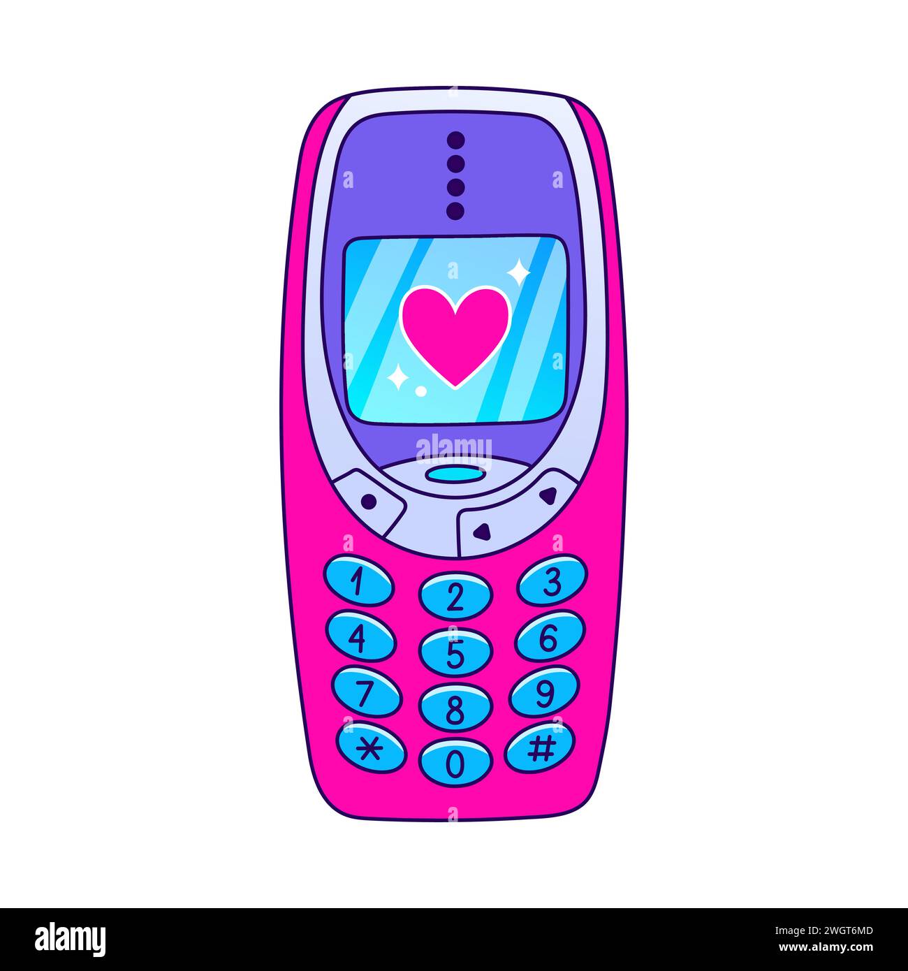 90er Jahre Valentinskarte im flachen Stil, Linienstil. Handgezeichneter Vektor-Illustration des Mobiltelefons. Patch, Abzeichen, Emblem. Stock Vektor