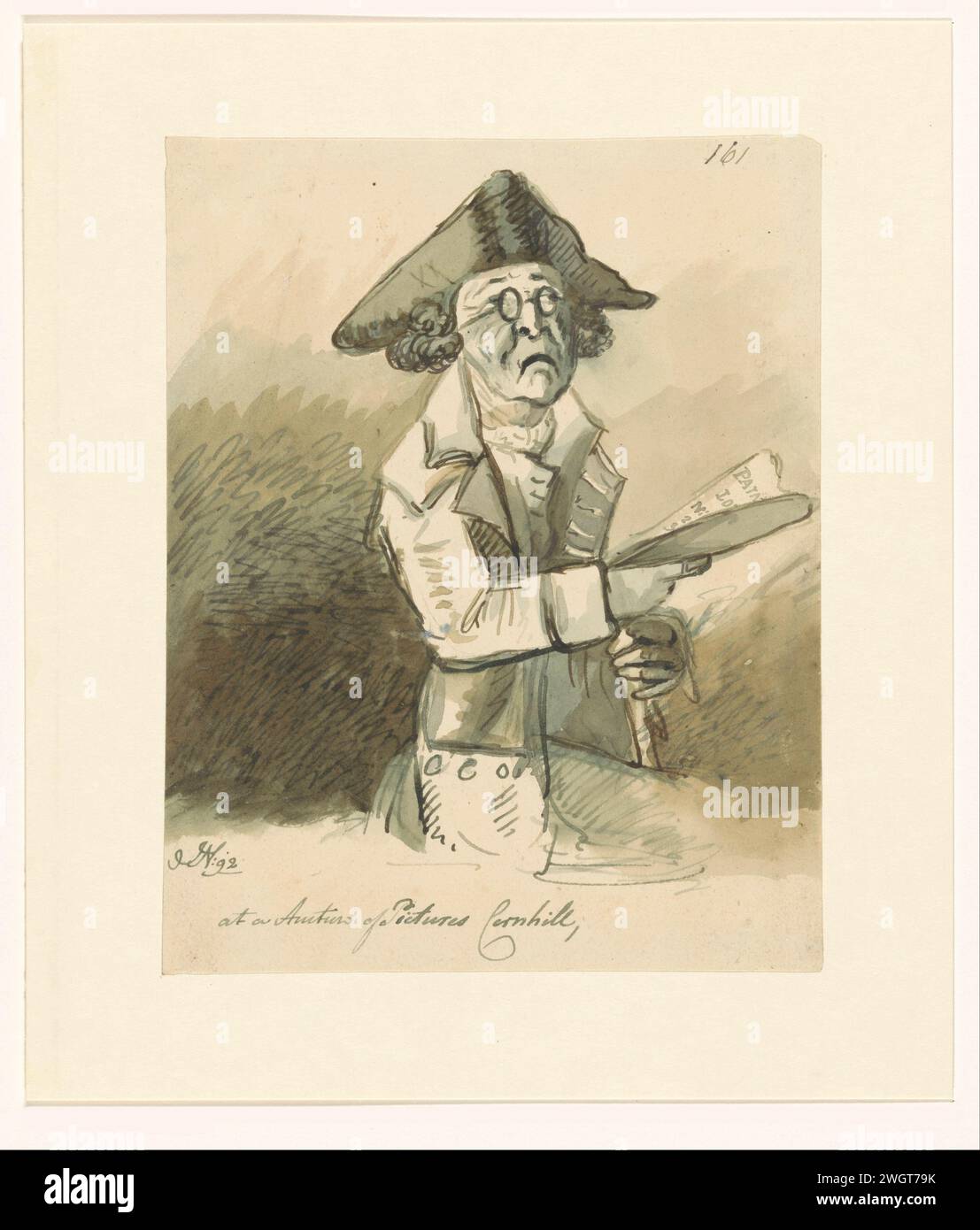 Mann in einer Malauktion, 1792 zeichnet Einen Mann mit Brille und dreieckigem Hut, einen Katalog in der Hand. Papier. Aquarellpinsel / Stiftkunst Verkauf, Auktion. Kunstsammlung. Kopf – Zahnrad: tricorn Stockfoto
