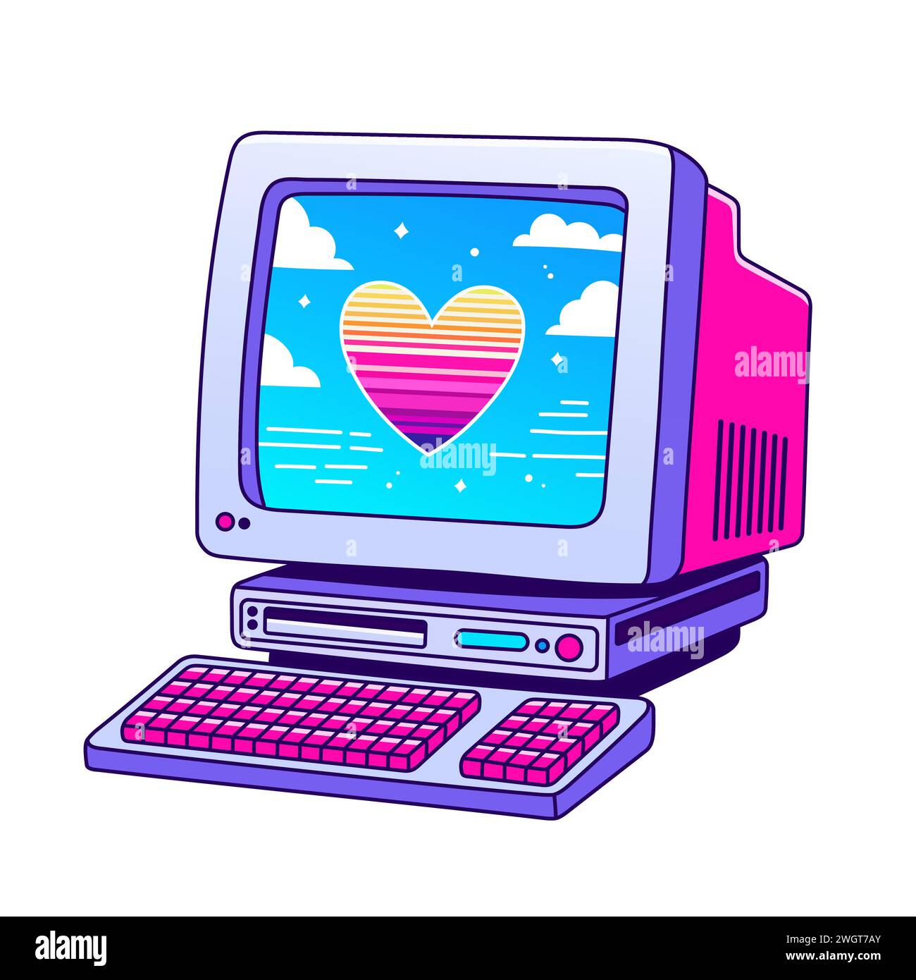90er Jahre Valentinskarte im flachen Stil, Linienstil. Handgezeichnete Computervektorgrafik. Patch, Abzeichen, Emblem. Stock Vektor