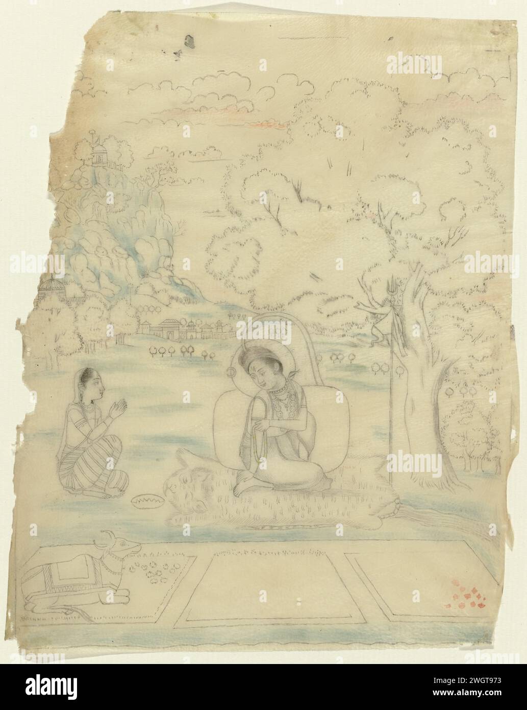 Bhairava ragini, anonym, 1750 - 1770 indische Miniatur. Die Zeichnung Shiva ist auf einer Tigerhaut mit einer Gebetsschnur in der linken Hand. Er hat einen Jetkranz hinter dem Kopf mit einem Halbmond. Der Ganges fließt von seinem Kopf bis zum Boden mit einem Bogen. Eine Schlange windet sich um seinen Hals und eine Schädelkette hängt um seinen Hals. An einem Baum ist sein Dreizack mit Wimpel und Trommel befestigt. Parvati sitzt mit seinen Händen in Anbetung neben ihm. Links im Vordergrund ist Shivas Rijdier, der Stier Nandi. Die Show wird auf eine transparente Tierhaut aufgetragen. Indien Papierbürste/-Bürste Stockfoto