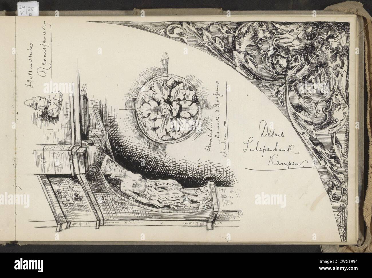 Details des Teufelshauses in Arnheim und der Schepenbank in Kampen, ca. 1890 - ca. 1922 Seite 21 Recto aus einem Skizzenbuch mit 49 Blättern. Papier. Bleistift. Tintenstift-Ornamente  Kunst Teufelshaus Stockfoto