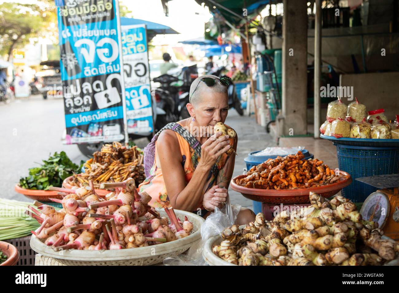 Frau mittleren Alters Alleinreisender auf einem Gewürzmarkt im Norden Thailands Stockfoto