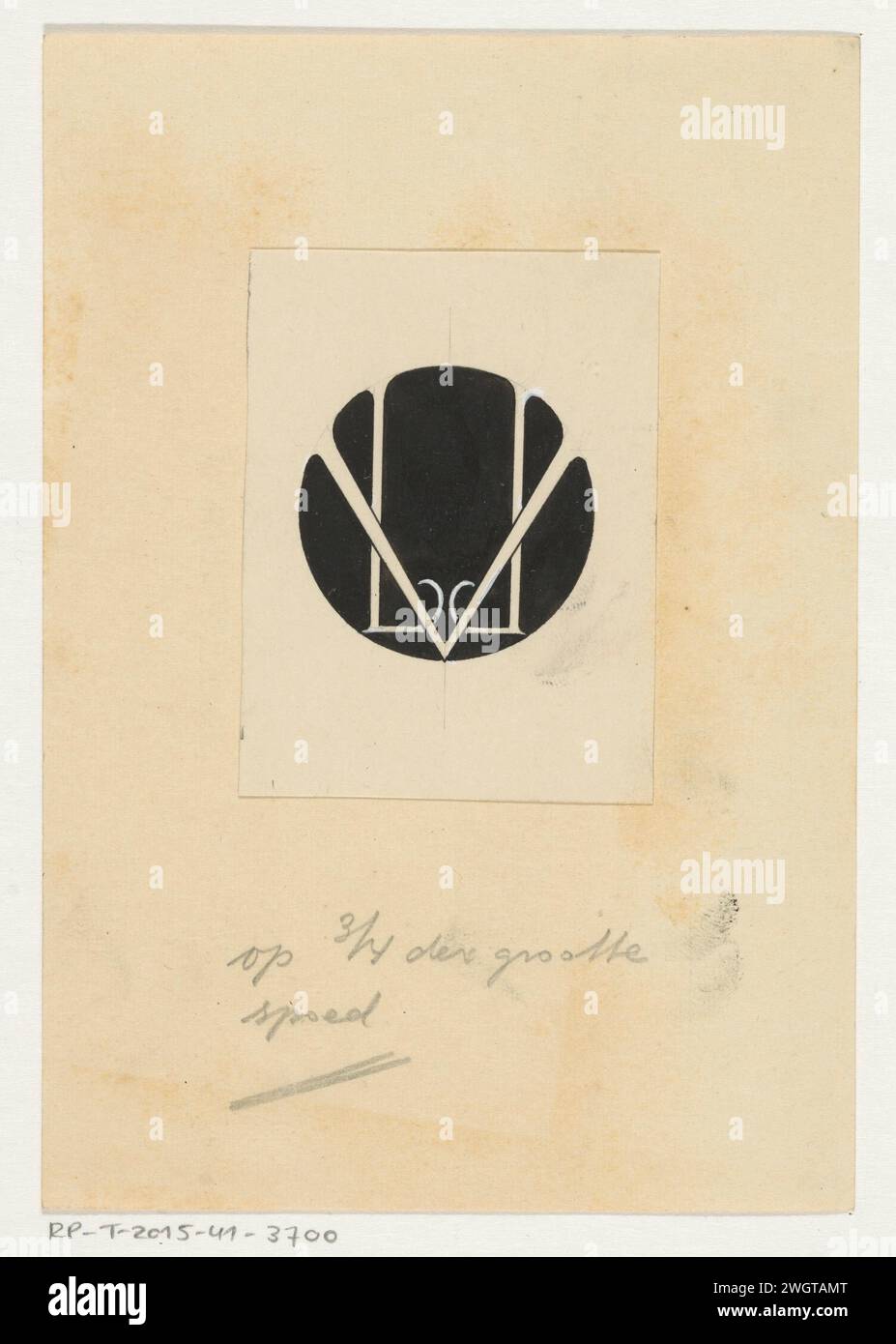 Vignette des Verlags L.J. Veen, Anonym, in oder nach 1887 - ca. 1930 Zeichnung Kreis mit den ineinander verflochtenen Buchstaben L, J und V. Papier. Tinte. Deckfarbe. Bleistift / Pinsel magische mathematische Figuren; magische Zahlen, Wörter, Monogramme Stockfoto