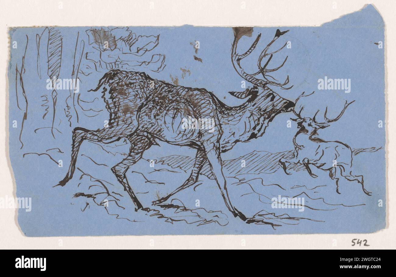 Herten, Johannes Taventrate, 1869 Hirsch zeichnen. Signiert auf der Rückseite eines an J. Taventrate adressierten Umschlags mit Stempel und Stempel vom 2. Februar 1869. Papier. Tuschenhalter Huftiere: Hirsch Stockfoto