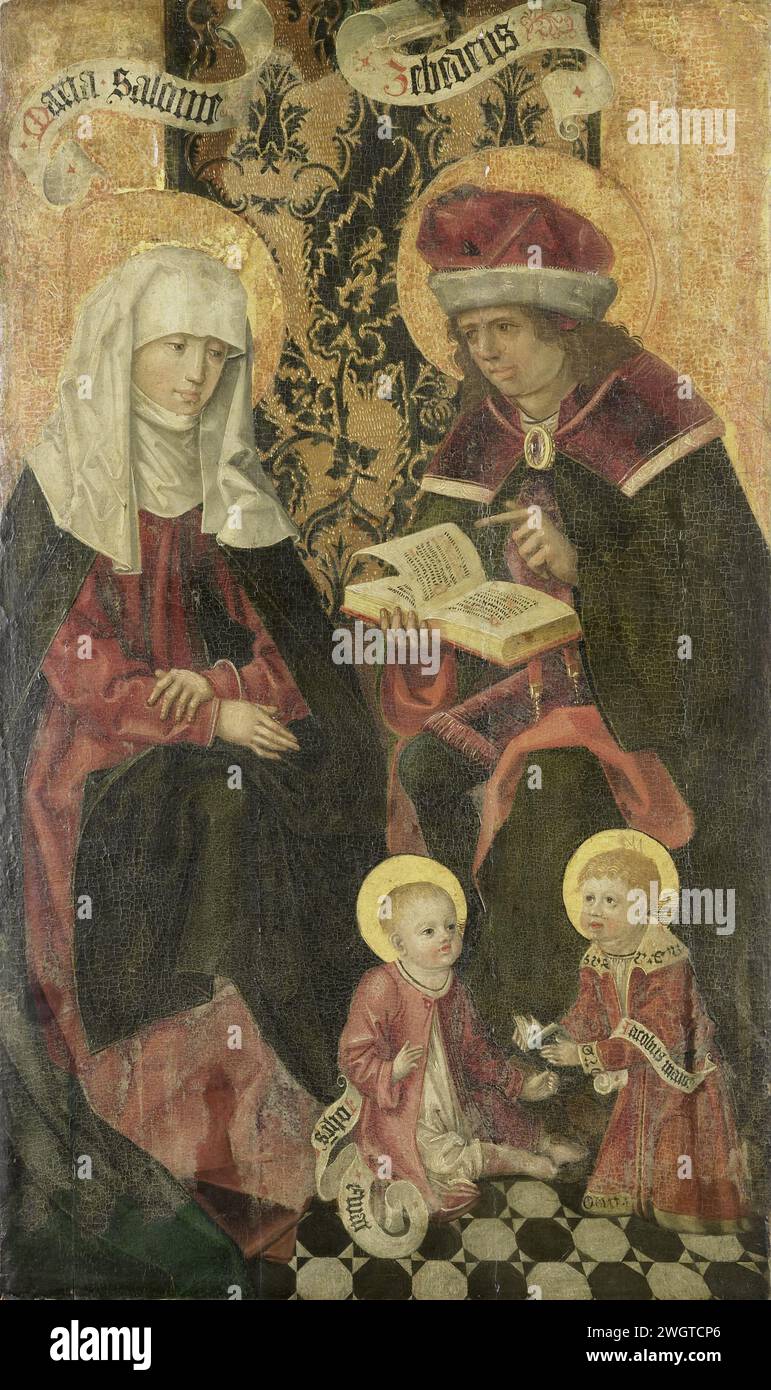 Die Familie des Zebedees / Engel Gabriel aus einer Verkündigung (Reste auf der Verso), anonym, um 1490 Gemälde der Familie des Zebedeus. Zebedeus sitzt auf einem offenen Buch auf seinem Schoß, links ist Maria Salome. Auf dem Boden ihre Kinder Johannes (der Evangelist) und Jacobus Major. Auf dem Rücken sind Überreste einer Darbietung von Maria oder des Engels von einer Verkündigung an Maria? Unten noch ein paar kleine Figuren. Der linke Flügel eines Triptychons. Region Niederrhein. Ölfarbe (Lack). Canvas Mary Salome, Schwester der Jungfrau und Mutter von Jakobus dem Großen und Johannes dem Evangelisten, ebenfalls eine Stockfoto