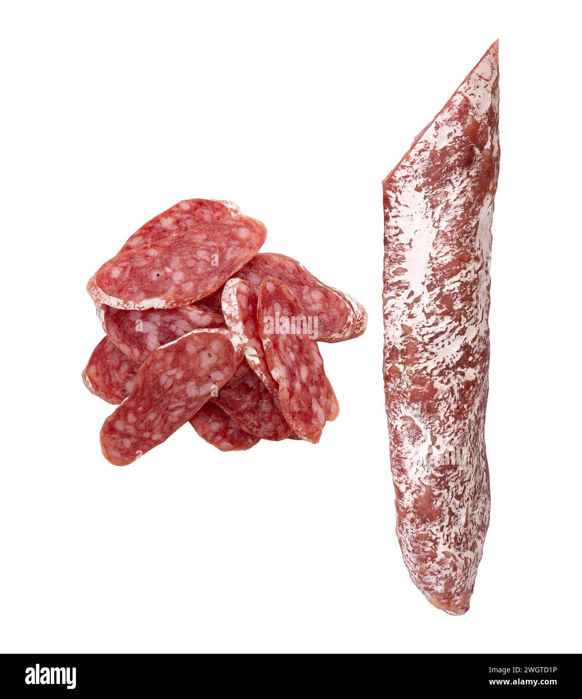 Getrocknete Salami mit weißer Form isoliert auf weißem Hintergrund mit Beschneidungspfad, ganze Salami-Scheiben werden entworfen, um Layout, Konzept von tas zu schaffen Stockfoto