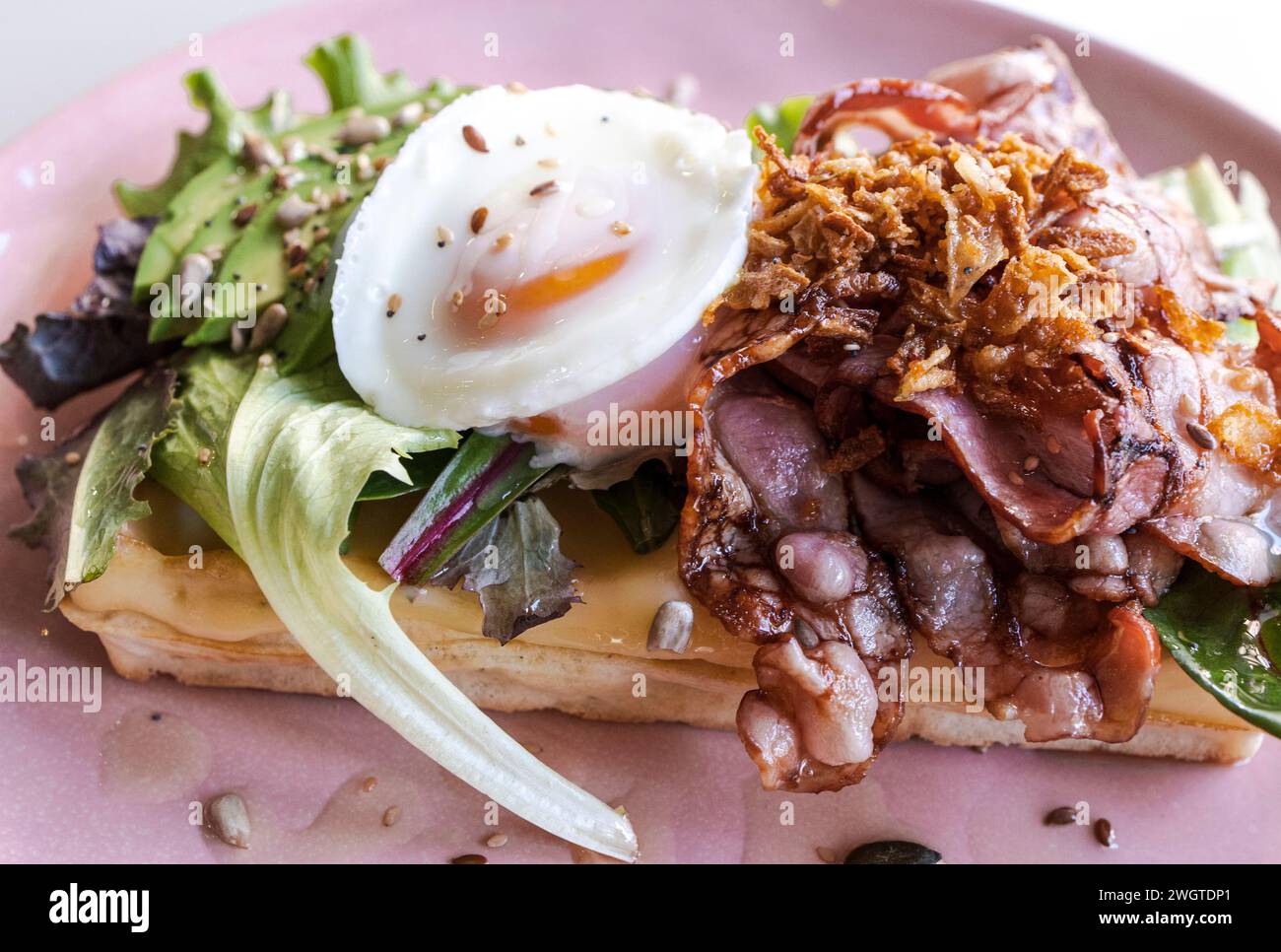 Leckeres Sandwich mit Speck, Avocado und Eiern Stockfoto