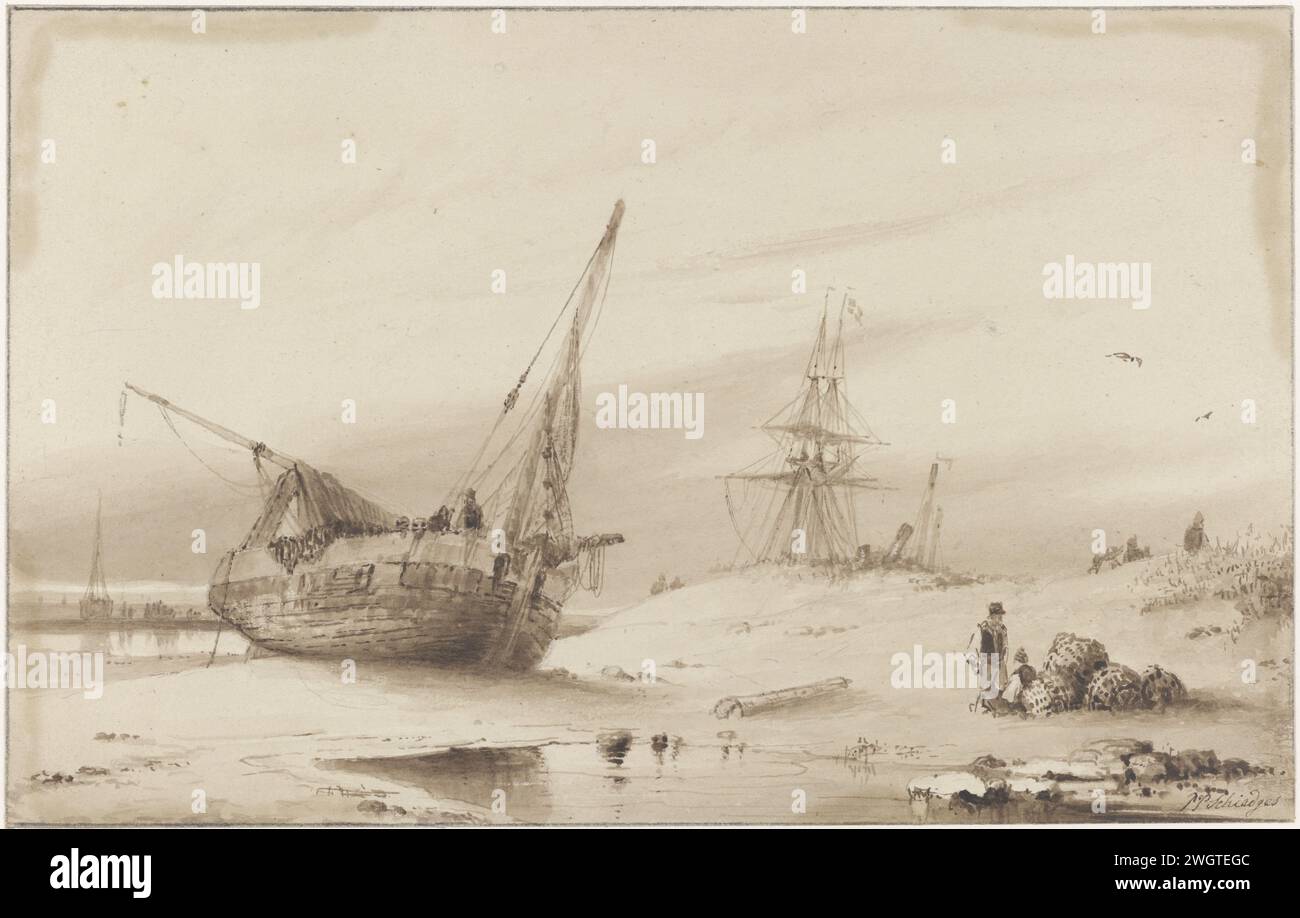 Schiffe am Strand, Petrus Paulus Schiedges (I), 1823 - 1876 Zeichenpapier. Bleistift / Pinsel Strand. Schiffe (im Allgemeinen). Gewerbliche Fischerei. fischer Stockfoto