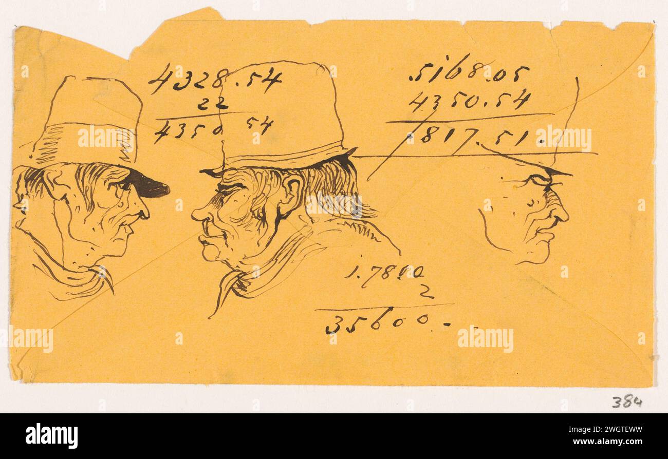 Koppen, Johannes Taventrate, 1840 - 1880, drei Köpfe. Signiert auf der Rückseite eines Umschlags. Papier. Tintenstift Karikaturen (menschliche Typen) Stockfoto