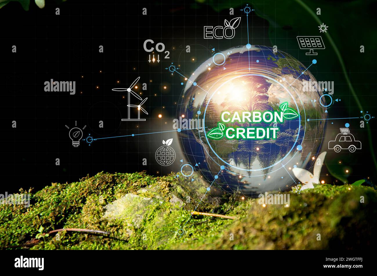 CO2-Kredit- oder CO2-Handelsmarkt. Handelbare CO2-Zertifikate für Kauf- und Verkauf. Wirtschaft und Umwelt nachhaltig. Industrie- und Unternehmensreduzierung um ca. Stockfoto