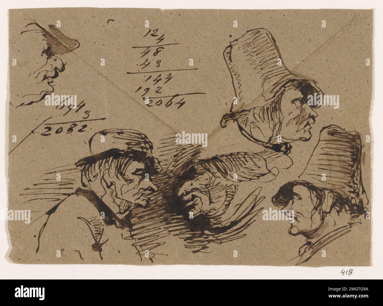 Koppen, Johannes Taventrate, 1840 – 1880 Zeichnungsköpfe, auf der Rückseite eines Umschlags gezeichnet. Papier. Tintenstift Karikaturen (menschliche Typen) Stockfoto
