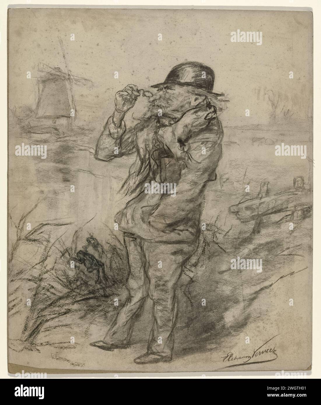 Karikaturporträt des Malers Paul Gabriel, Elchanon Verveer, 1850–1899 Karikaturporträt des Malers Paul Gabriel („Paul Joseph Constantin“) (1828–1903), auf der Suche nach einem Motiv in einer Landschaft mit Mühle und Wasser. Papier. Stockfoto